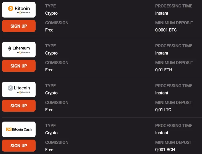 Deposit with Cryptocurrencies
