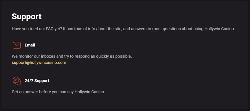 Support Page at HollyWin
